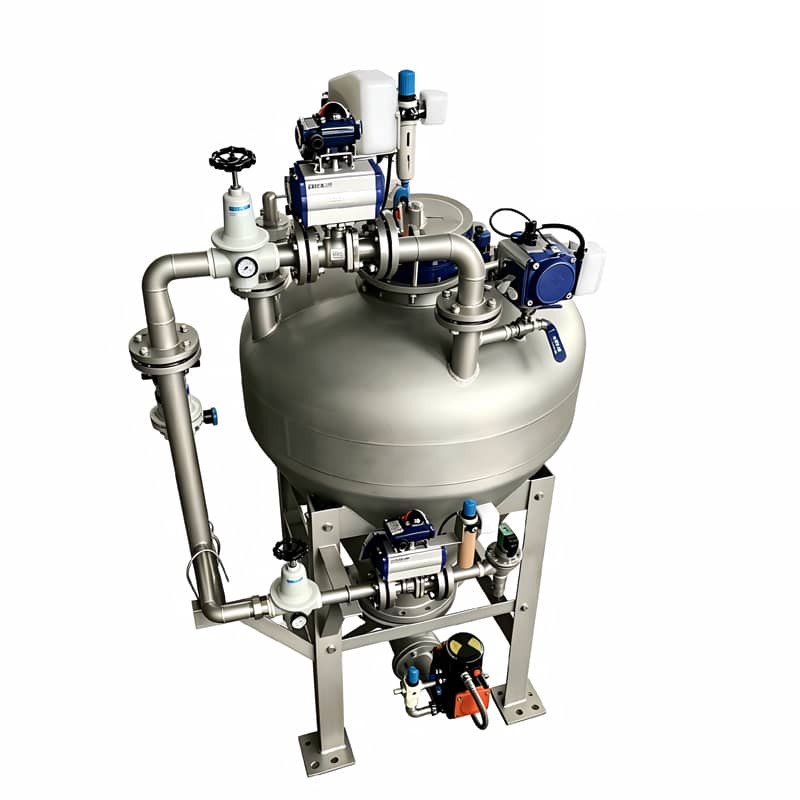 Positive pressure blow tank for battery materials